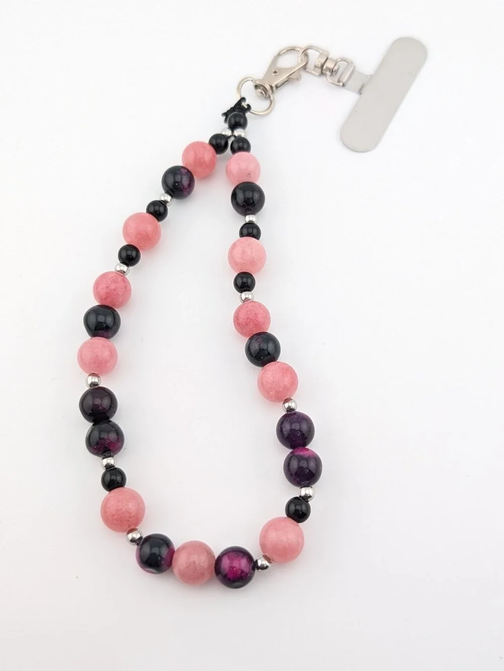 NWT Phone Lanyard/ Key Chain Bracelet Wrist Strap With Pink & Black Beads